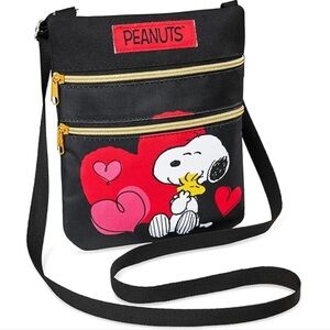 PEANUTS Snoopy Valentines Heart Black Fabric Small Adjustable Crossbody Bag NEW